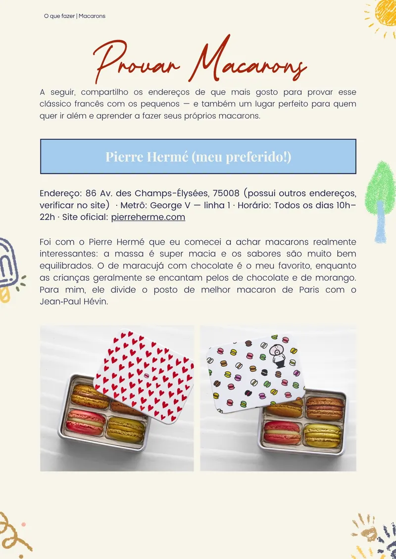 Página interna do guia sobre onde provar macarons com crianças, destacando a pâtisserie Carette no Trocadéro e na Place des Vosges