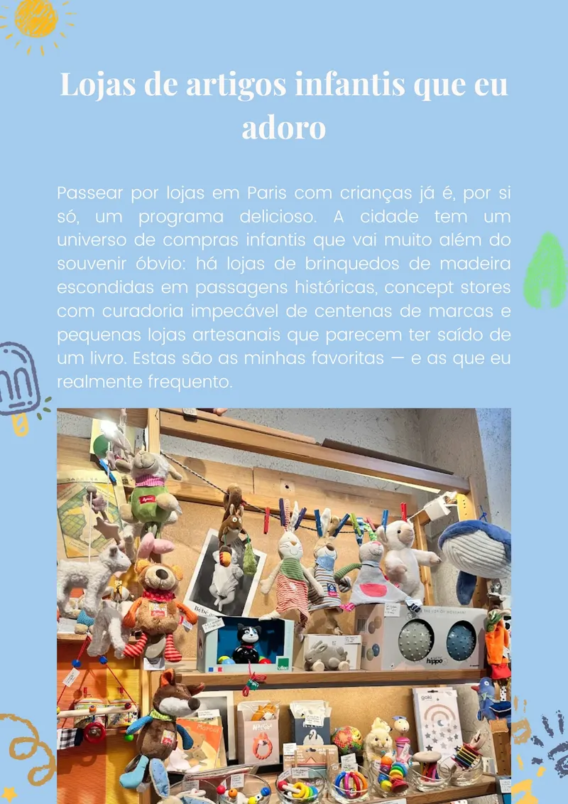 Página interna do guia com curadoria de lojas de artigos infantis, livrarias e brinquedos artesanais em Paris