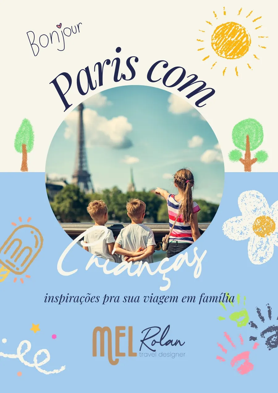Capa do Guia Paris com Crianças da Mel Rolan com três crianças admirando a Torre Eiffel