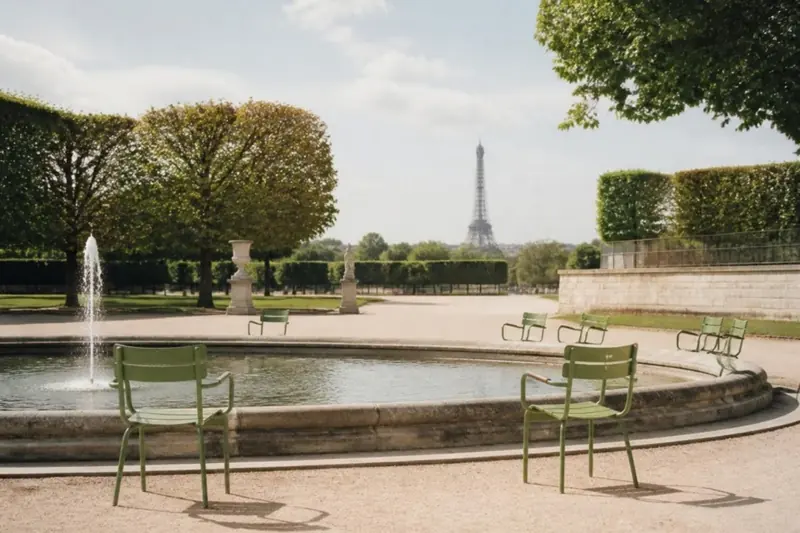Jardin des Tuileries com as cadeiras verdes e a Torre Eiffel ao fundo